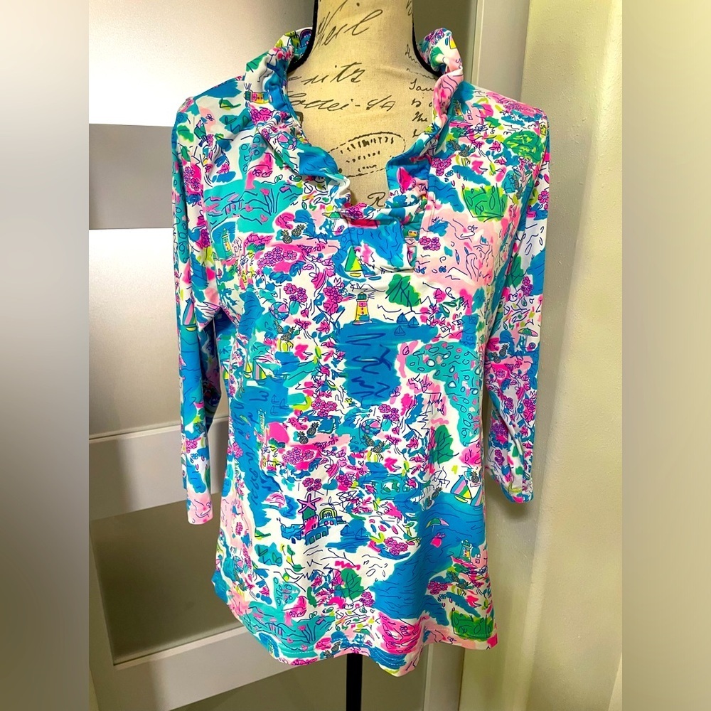 Anthony’s Resort wear Blue and Pink 3/4 Sleeve Graphic Blouse with Polo Collar